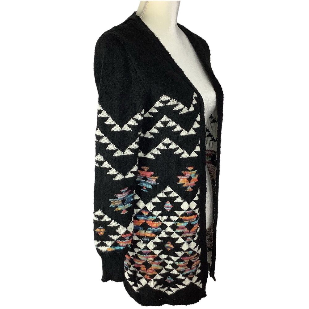 Long Aztec Western Open Front Cardigan Sweater Girls Jr M Women XS S Black Knit - Picture 4 of 15